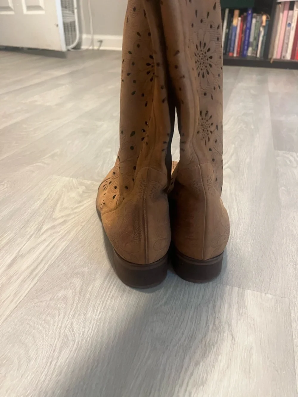 Over-the-Knee Perforated Floral Tan Boots‎